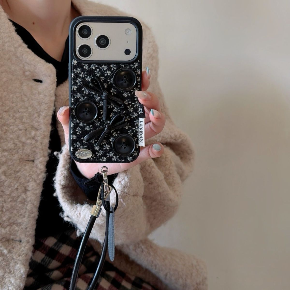 Fabric Back Cover with Button Design and Strap for iPhone