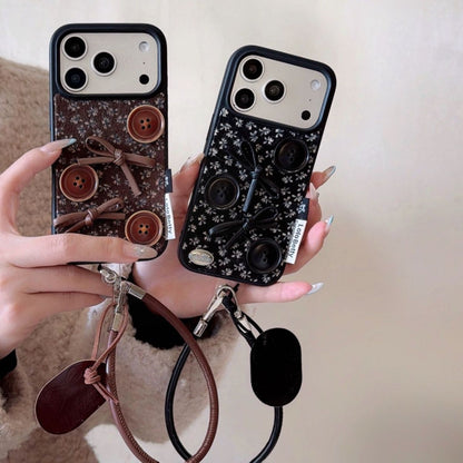 Fabric Back Cover with Button Design and Strap for iPhone
