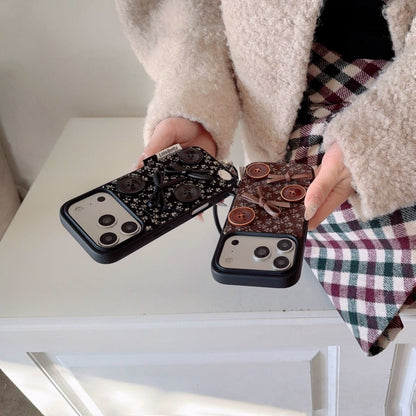 Vintage Button Design Back Cover with Wrist Strap Compatible with iPhone Models