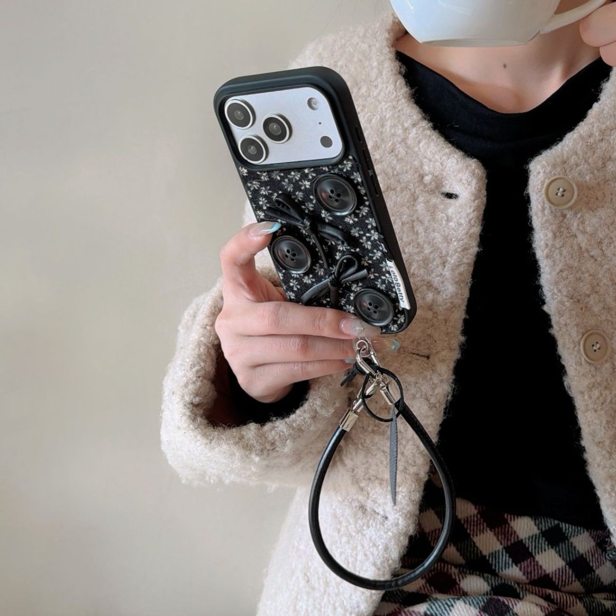 Vintage Button Design Back Cover with Wrist Strap Compatible with iPhone Models