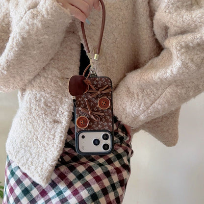 Fabric Back Cover with Button Design and Strap for iPhone