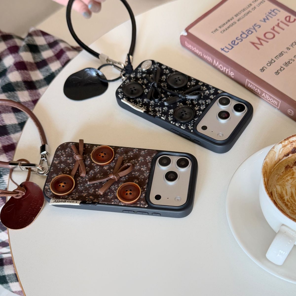 Vintage Button Design Back Cover with Wrist Strap Compatible with iPhone Models