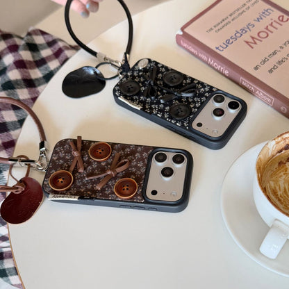 Vintage Button Design Back Cover with Wrist Strap Compatible with iPhone Models
