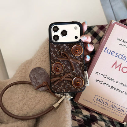 Fabric Back Cover with Button Design and Strap for iPhone