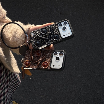 Fabric Back Cover with Button Design and Strap for iPhone