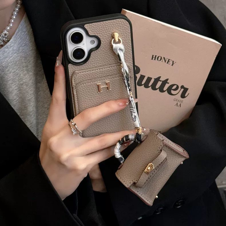 Premium Leather Card Holder Back Cover with Mini Bag Charm & Strap Compatible with iPhone Models