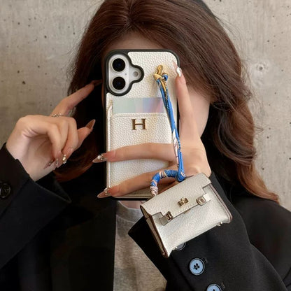 Premium Leather Card Holder Back Cover with Mini Bag Charm & Strap Compatible with iPhone Models