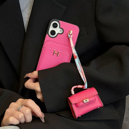 Premium Leather Card Holder Back Cover with Mini Bag Charm & Strap Compatible with iPhone Models