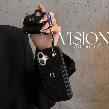 Premium Leather Card Holder Back Cover with Mini Bag Charm & Strap Compatible with iPhone Models