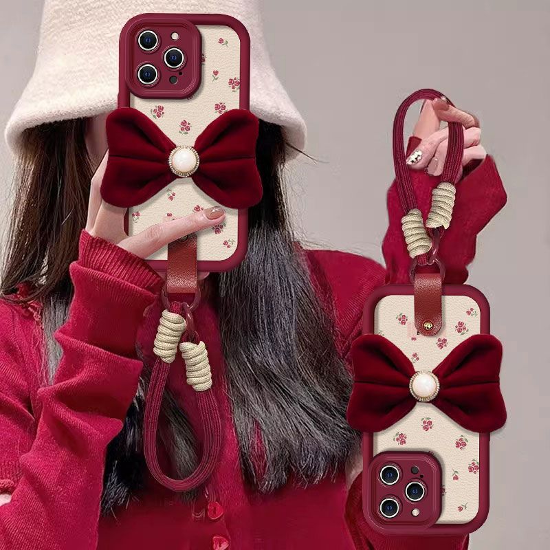 Velvet Bow Floral Design Protective Phone Case with Hand Strap – Wine Red