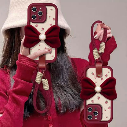 Velvet Bow Floral Design Protective Phone Case with Hand Strap – Wine Red