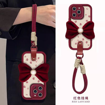 Velvet Bow Floral Design Protective Phone Case with Hand Strap – Wine Red