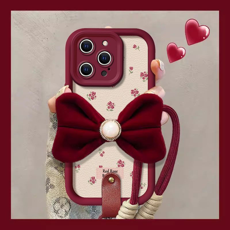 Velvet Bow Floral Design Protective Phone Case with Hand Strap – Wine Red