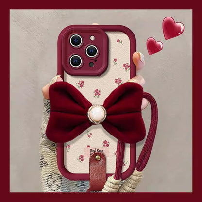 Velvet Bow Floral Design Protective Phone Case with Hand Strap – Wine Red