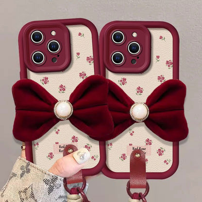Velvet Bow Floral Design Protective Phone Case with Hand Strap – Wine Red