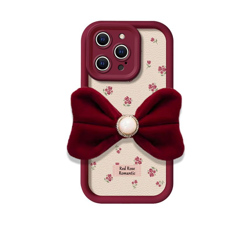 Velvet Bow Floral Design Protective Phone Case with Hand Strap – Wine Red