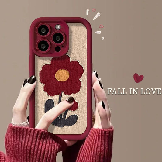 Vintage Flower Design Soft Protective Phone Case – Wine Red Frame