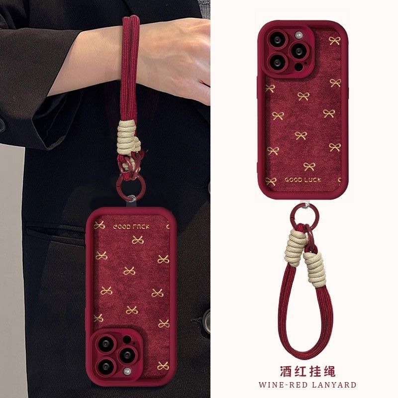 Velvet Bow Design Protective Phone Case with Hand Strap – Wine Red