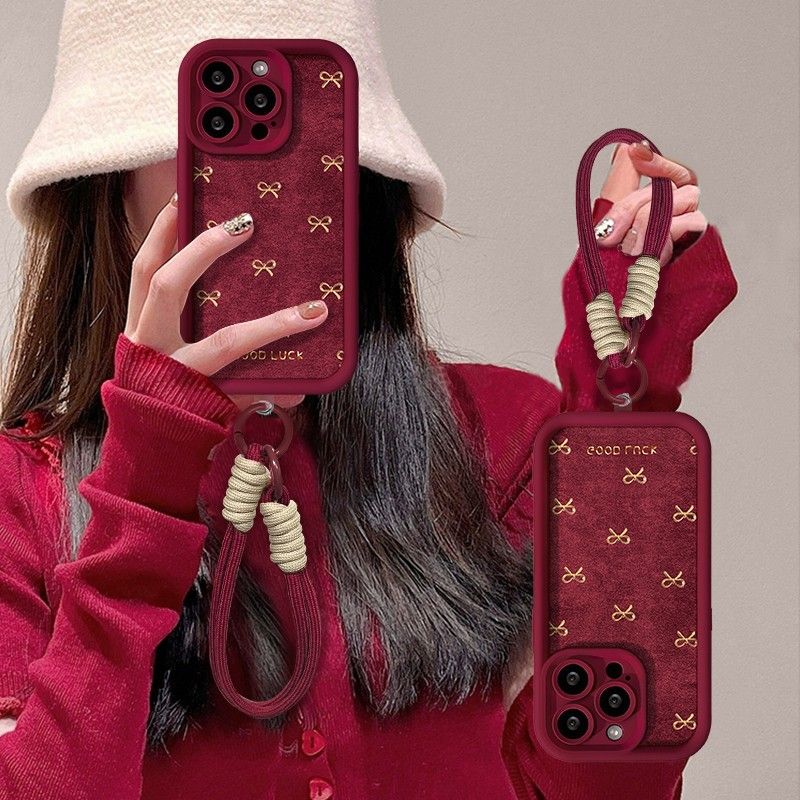Velvet Bow Design Protective Phone Case with Hand Strap – Wine Red