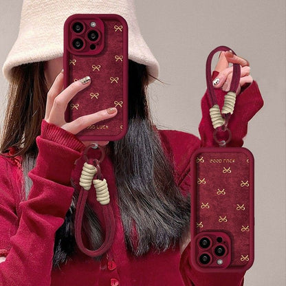 Velvet Bow Design Protective Phone Case with Hand Strap – Wine Red