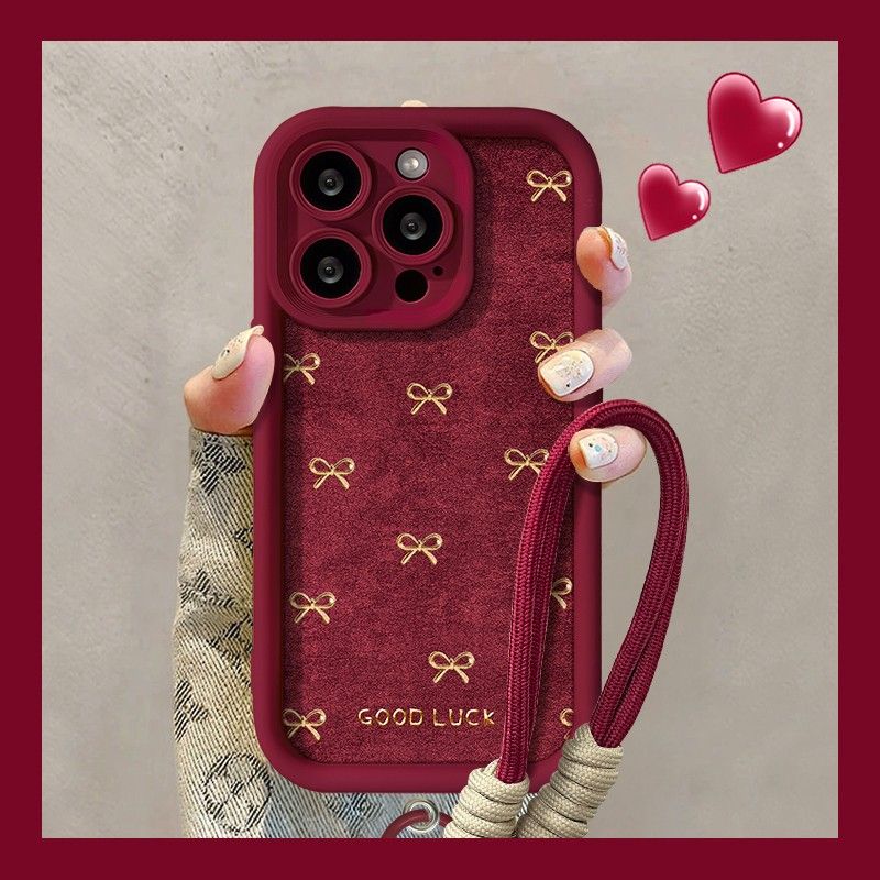 Velvet Bow Design Protective Phone Case with Hand Strap – Wine Red