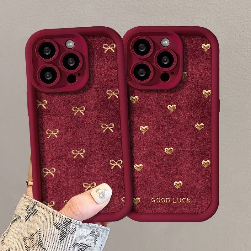 Velvet Bow Design Protective Phone Case with Hand Strap – Wine Red