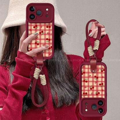 Cherry Checkered Pattern Protective Phone Case – Wine Red Border