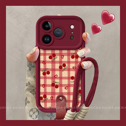 Cherry Checkered Pattern Protective Phone Case – Wine Red Border