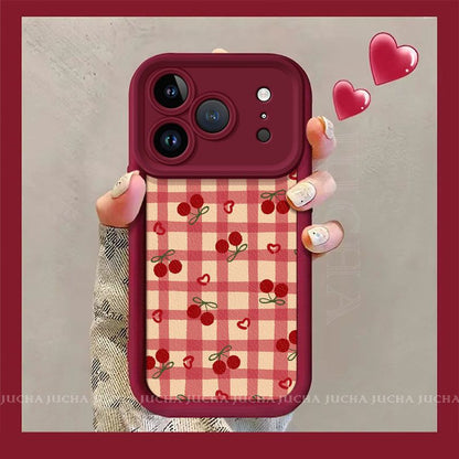 Cherry Checkered Pattern Protective Phone Case – Wine Red Border