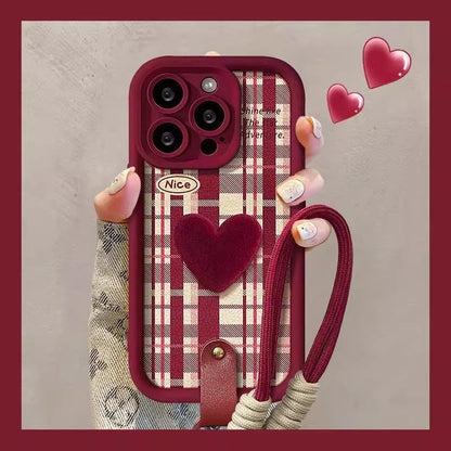 Checkered Heart Design Protective Phone Case with Hand Strap – Wine Red