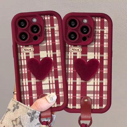 Checkered Heart Design Protective Phone Case with Hand Strap – Wine Red