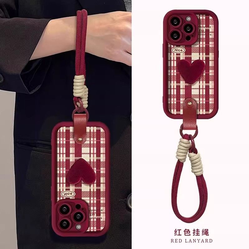 Checkered Heart Design Protective Phone Case with Hand Strap – Wine Red