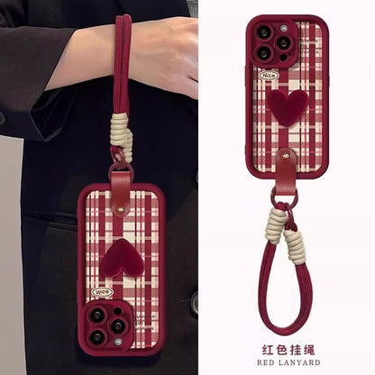 Checkered Heart Design Protective Phone Case with Hand Strap – Wine Red