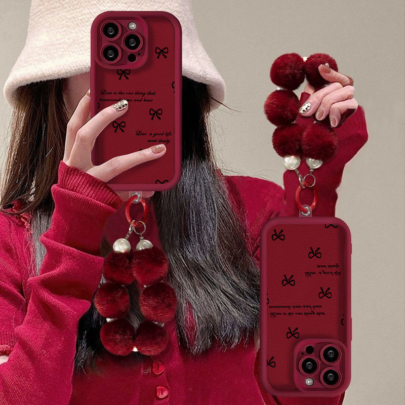 Christmas Bear Bow Design Protective Phone Case with Pom-Pom Charm – Wine Red