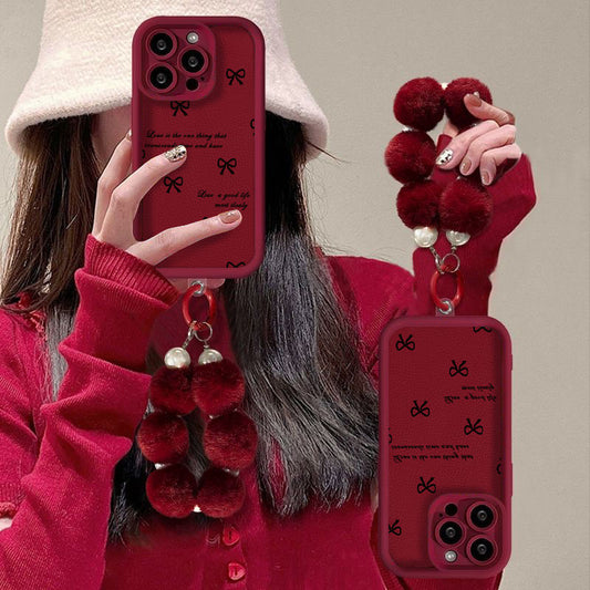 Christmas Bear Bow Design Protective Phone Case with Pom-Pom Charm – Wine Red