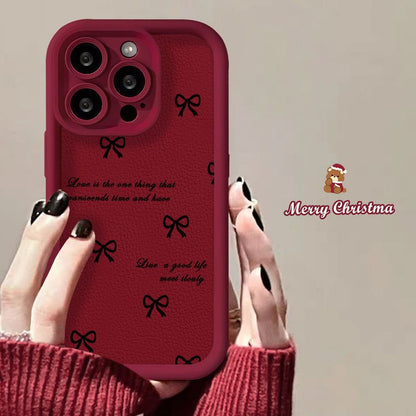 Christmas Bear Bow Design Protective Phone Case with Pom-Pom Charm – Wine Red