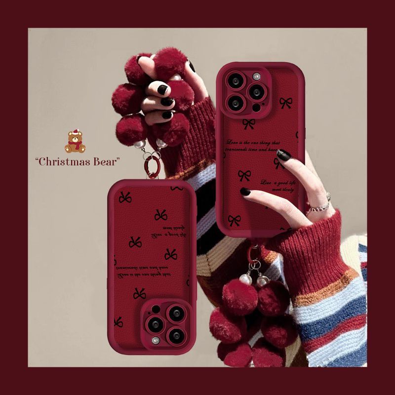 Christmas Bear Bow Design Protective Phone Case with Pom-Pom Charm – Wine Red