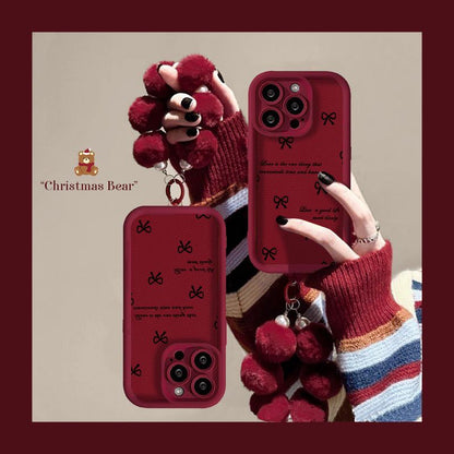 Christmas Bear Bow Design Protective Phone Case with Pom-Pom Charm – Wine Red