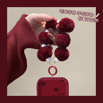 Christmas Bear Bow Design Protective Phone Case with Pom-Pom Charm – Wine Red