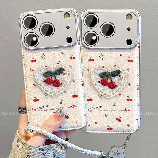 Cherry Heart Embroidered Protective Phone Case with Wrist Strap – White