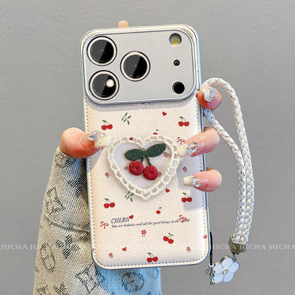 Cherry Heart Embroidered Protective Phone Case with Wrist Strap – White
