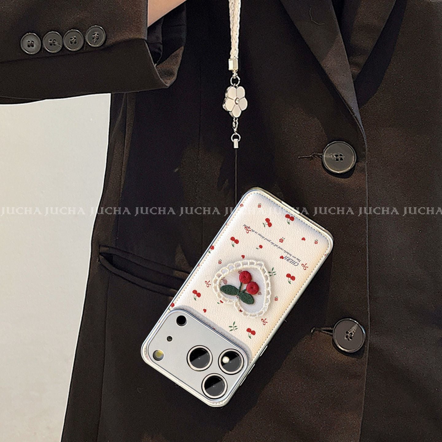 Cherry Heart Embroidered Protective Phone Case with Wrist Strap – White