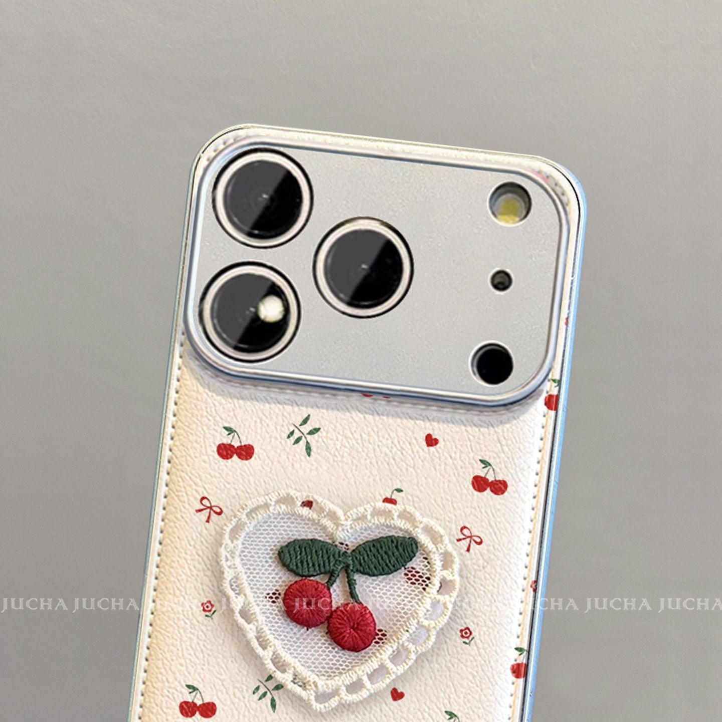 Cherry Heart Embroidered Protective Phone Case with Wrist Strap – White