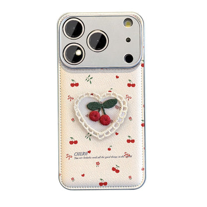 Cherry Heart Embroidered Protective Phone Case with Wrist Strap – White