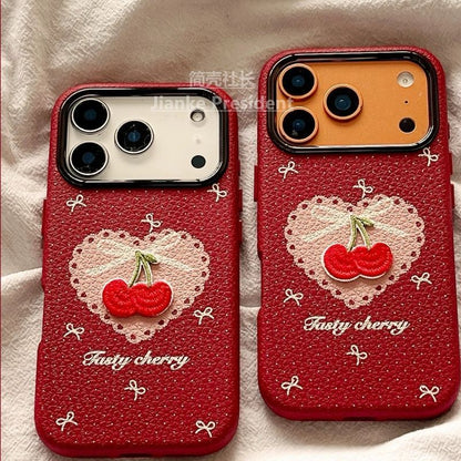 Fuzzy Cherry Embroidered Protective Phone Case – Red Velvet Texture