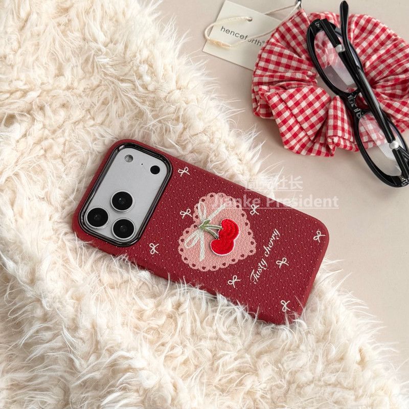 Fuzzy Cherry Embroidered Protective Phone Case – Red Velvet Texture