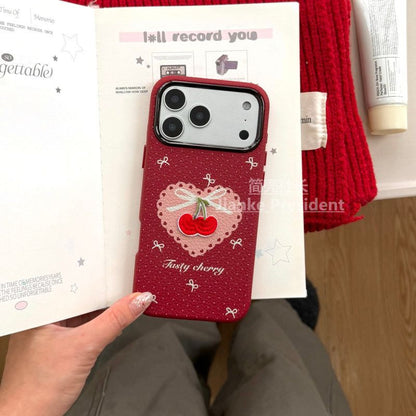 Fuzzy Cherry Embroidered Protective Phone Case – Red Velvet Texture