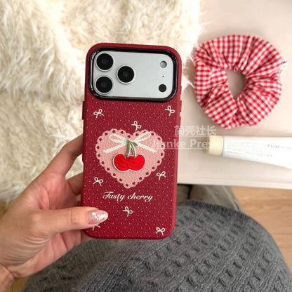 Fuzzy Cherry Embroidered Protective Phone Case – Red Velvet Texture