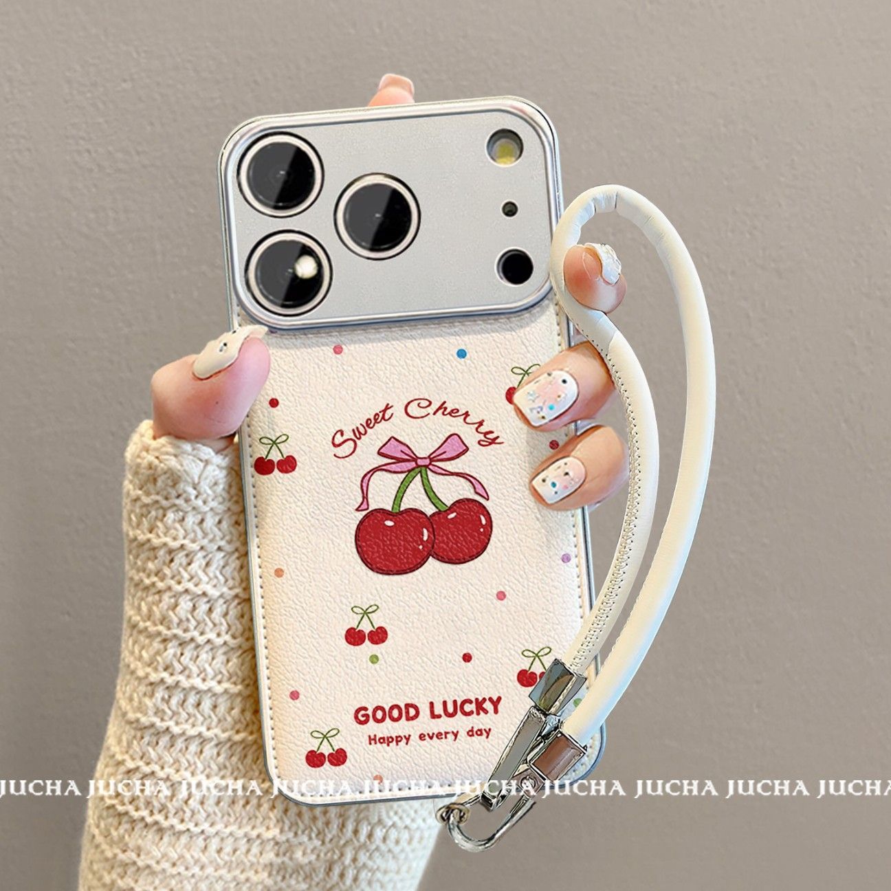 Sweet Cherry Printed Protective Phone Case with Wrist Strap – White