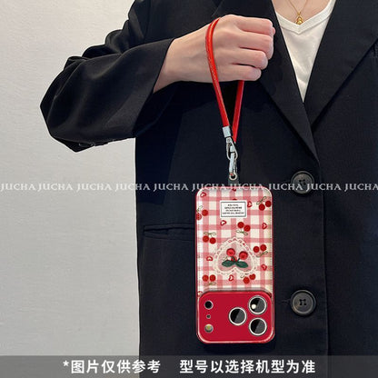 Cherry Heart Checkered Protective Phone Case with Wrist Strap – Red